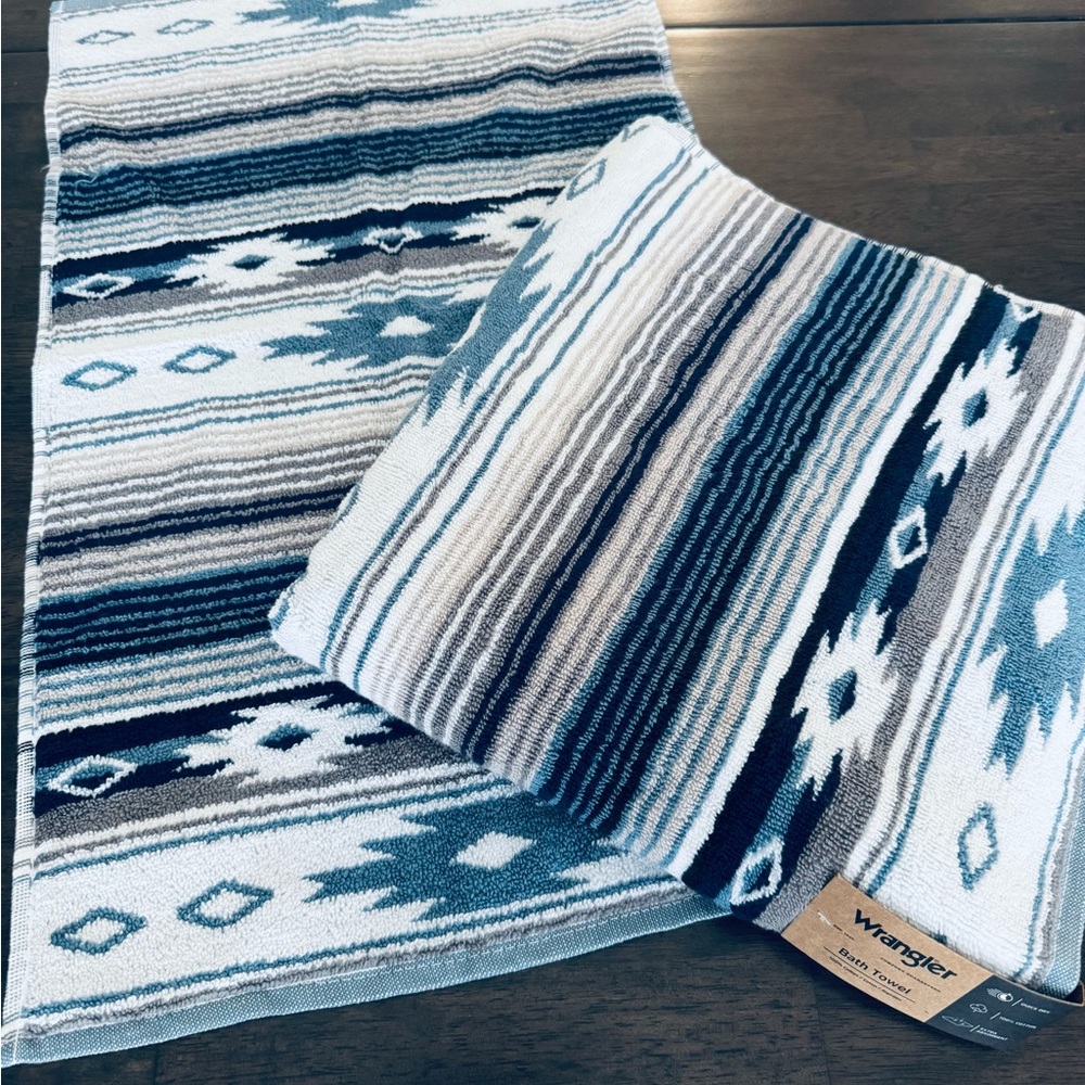 Wrangler 2-ct Western Aztec Blue Tan Tribal Boho Bath & Hand Towels Set